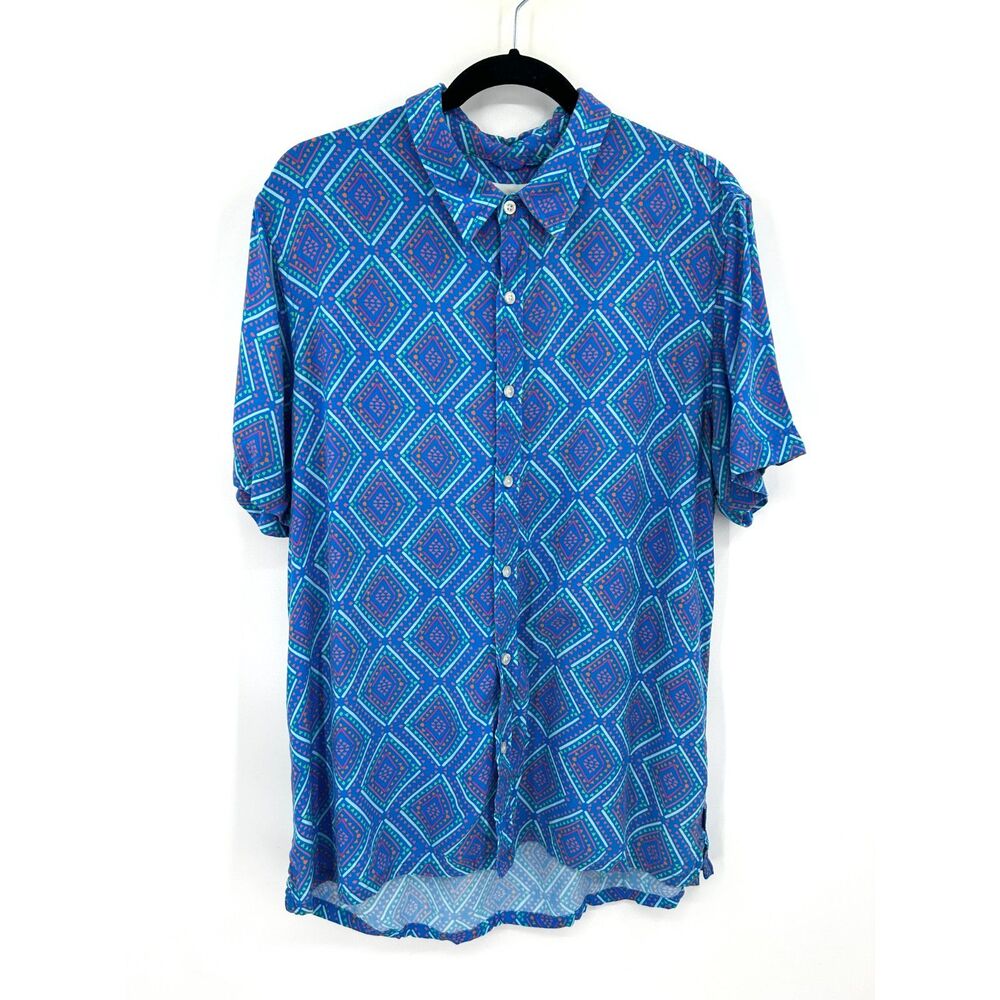 CHUBBIES The Nutter Blue Diamond Geometric Print Shirt 100% Rayon Size Large